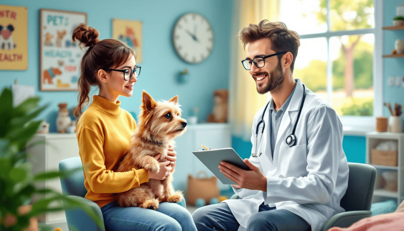 A worried dog owner discussing potential side effects with a veterinarian.