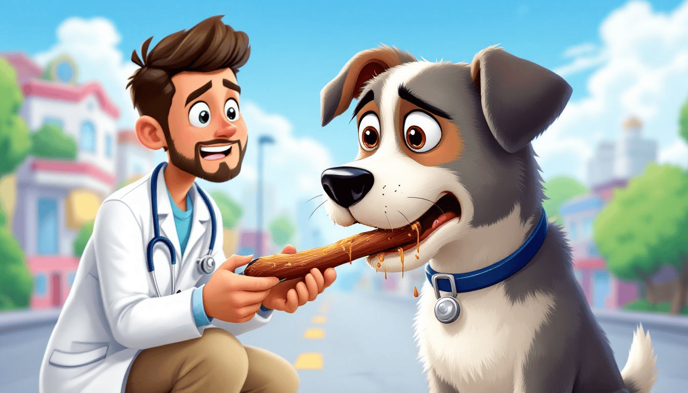 A veterinarian examining a dog that may have swallowed a bully stick.